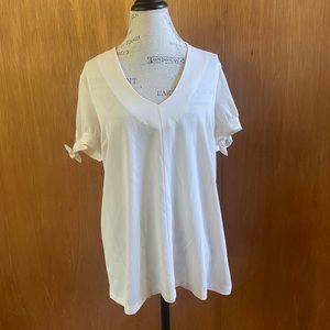 Gathered bow sleeve white v-neck Modcloth blouse